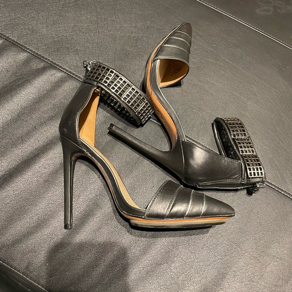 NWOT D’orsay Ankle Strap Metallic Plaques Leather Pointed High Pumps Stilettos - Picture 3 of 12